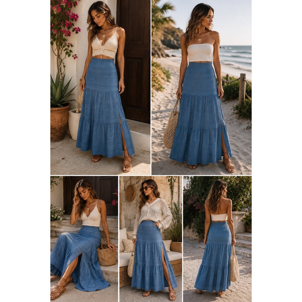 Maxi Skirt Womens XS Blue Cotton Tiered Smocked Boho Slit Peasant Flowy Y2K